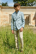 Load image into Gallery viewer, Sky Blue & Beige Cotton-Linen Blend Double-Breasted 2-Piece Suit