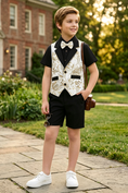 Bild in Galerie-Betrachter laden, Black & White Serge-Blend Gold Foil Print 3-Piece Set (Shirt + Waistcoat + Shorts)