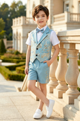 Bild in Galerie-Betrachter laden, Sky Blue Serge-Blend Gold Foil Print 3-Piece Set (Shirt + Waistcoat + Shorts)