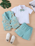 Bild in Galerie-Betrachter laden, Sky Blue Serge-Blend Gold Foil Print 3-Piece Set (Shirt + Waistcoat + Shorts)
