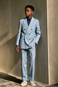 Load image into Gallery viewer, Dusty Blue Cotton-Linen Blend Double-Breasted 2-Piece Suit