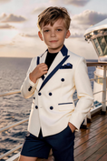 Bild in Galerie-Betrachter laden, Boys White Navy Trim Double Breasted Blazer & Navy Shorts 2-piece Suit