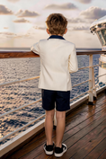 Bild in Galerie-Betrachter laden, Boys White Navy Trim Double Breasted Blazer & Navy Shorts 2-piece Suit