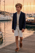 Load image into Gallery viewer, Boys Navy Notch Lapel Blazer & White Tailored Shorts 2-piece Suit