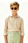 Load image into Gallery viewer, Beige Cotton-Linen Blend Single-Breasted Long-Sleeve Formal Shirt