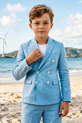 Bild in Galerie-Betrachter laden, Boys Sky Blue Linen Double Breasted Blazer & Shorts 2-piece Suit