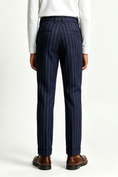 Load image into Gallery viewer, Boys Navy White Pinstripe Blend Serge Straight Leg Formal Suit Trousers