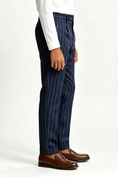 Load image into Gallery viewer, Boys Navy White Pinstripe Blend Serge Straight Leg Formal Suit Trousers