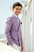 Cargar la imagen en la vista de la galería, Boys Light Purple Pinstripe Cotton Linen Blend Double Breasted Formal Suit Blazer
