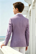 Cargar la imagen en la vista de la galería, Boys Light Purple Pinstripe Cotton Linen Blend Double Breasted Formal Suit Blazer