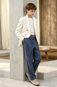 Load image into Gallery viewer, Off White & Deep Blue Cotton-Linen Blend Double Breasted Suit 2-Piece Set