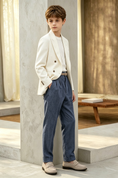 Load image into Gallery viewer, Off White & Deep Blue Cotton-Linen Blend Double Breasted Suit 2-Piece Set