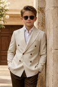 Load image into Gallery viewer, Cream Beige & Dark Brown Cotton-Linen Blend Double-Breasted Suit 2-Piece Set