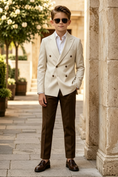 Load image into Gallery viewer, Cream Beige & Dark Brown Cotton-Linen Blend Double-Breasted Suit 2-Piece Set