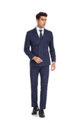 Gallery viewerに画像を読み込む, Navy Plaid Men's 3 Piece Slim Fit Suit Set Double Breasted Blazer Vest Pants for Party, Wedding and Business