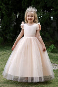 Cargar la imagen en la vista de la galería, Satin Girl Dress with Pearl Tulle Cape Flower Girl Dresses for Wedding