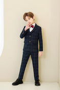 Load image into Gallery viewer, Navy Plaid Elegant 5 Piece Boys Suits