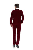 Load image into Gallery viewer, Back view of men's formal burgundy velvet 3 piece suit – evening wear style