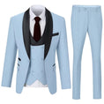 Load image into Gallery viewer, Light blue shawl collar 3 piece men's suit with tailored blazer, vest, and trousers – fresh wedding look