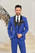 Load image into Gallery viewer, Royal blue shawl collar 3 piece men's suit close-up of blazer and vest with peak detail – elegant wedding style