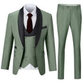 Load image into Gallery viewer, Men's sage green 3 piece suit with shawl collar blazer and slim trousers – stylish formal wear