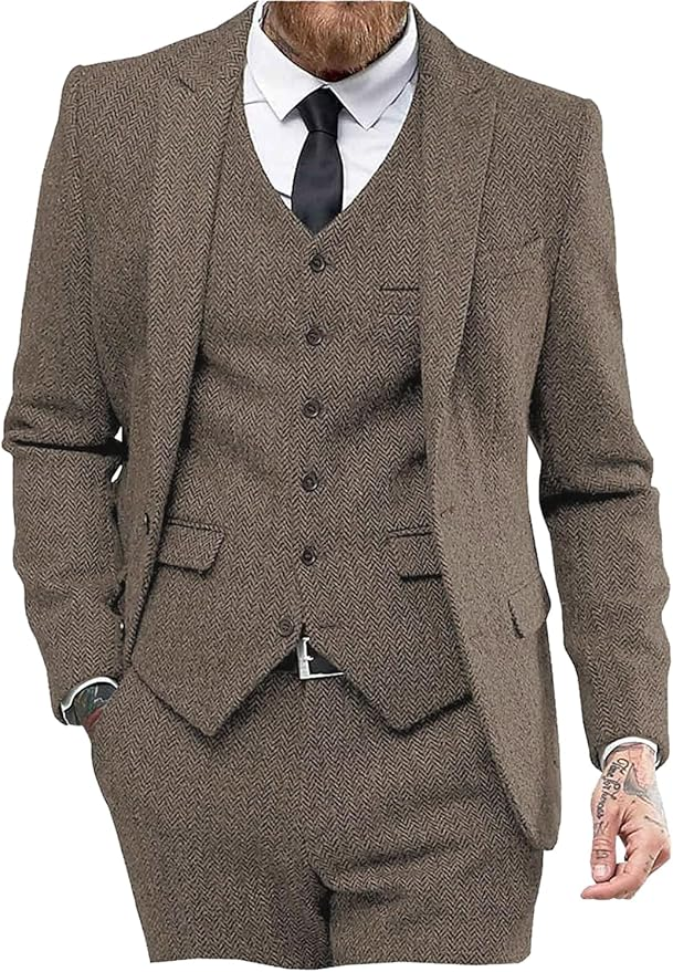 Mens Tweed Herringbone Wedding Suit Prom Tuxedos 3 Piece Peak Lapel Dress