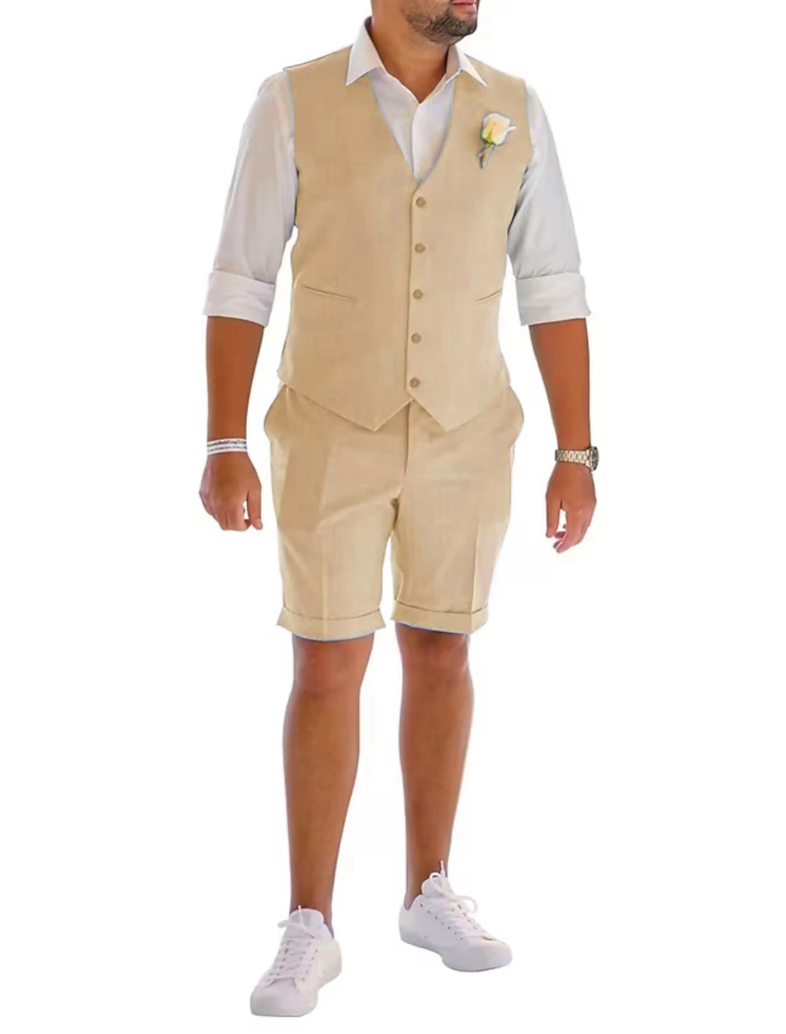 Men's Linen Summer Suits 2 Piece Causal Suits Vest and Shorts Tailored Fit 2024