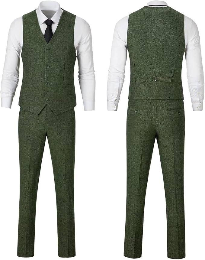 Retro Tweed Herringbone Slim Fit Notch Lapel Tuxedos Set Prom 3 Piece Men's Suit