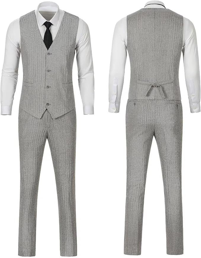 Retro Tweed Herringbone Slim Fit Notch Lapel Tuxedos Set Prom 3 Piece Men's Suit