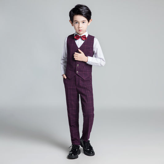 Purple Red Plaid Fashion 5 Piece Boys Suits