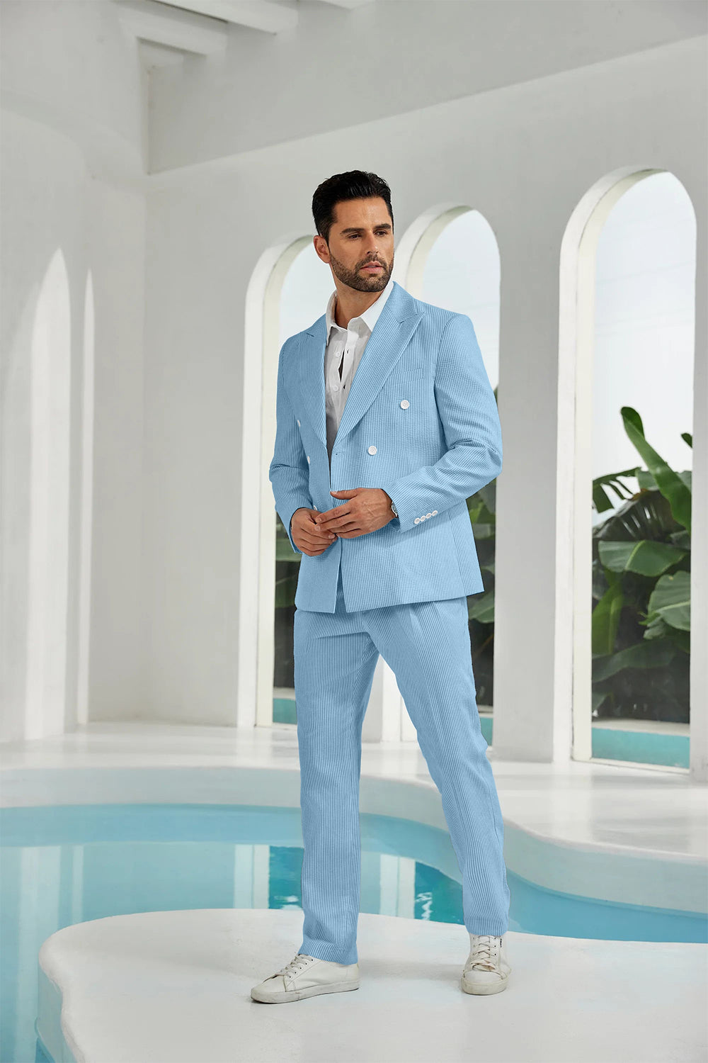 Seersucker Double Breasted Blazer Pants 2 Piece Men's Summer Suit