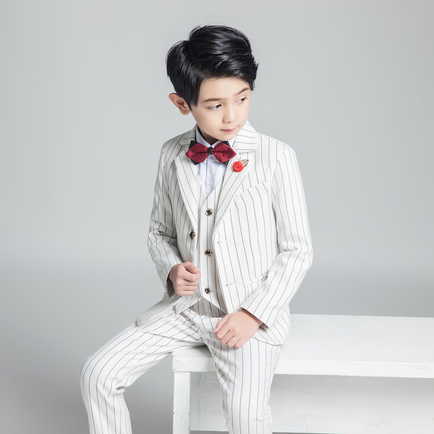 White Striped Modern 5 Piece Boy's Formal Suits