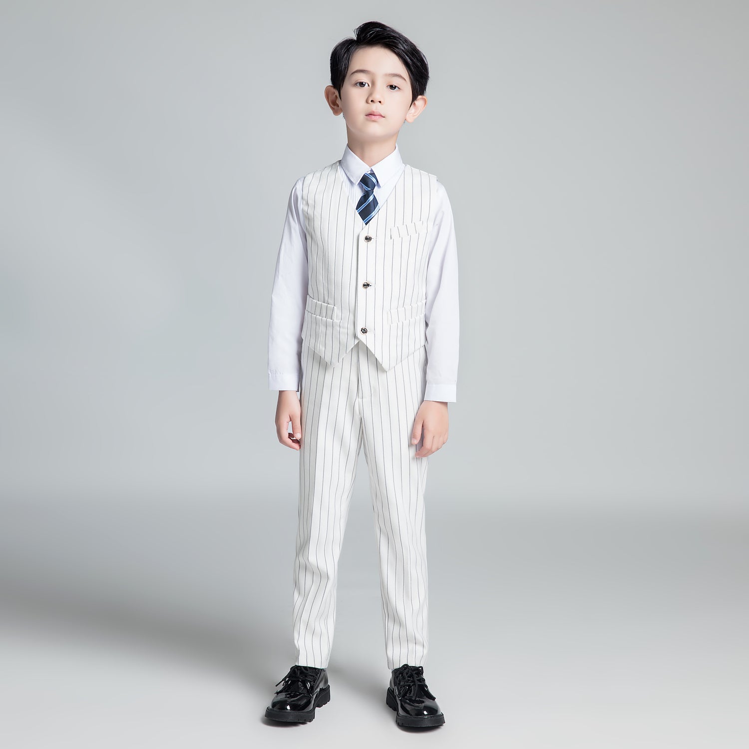 White Striped Modern 5 Piece Boy's Formal Suits