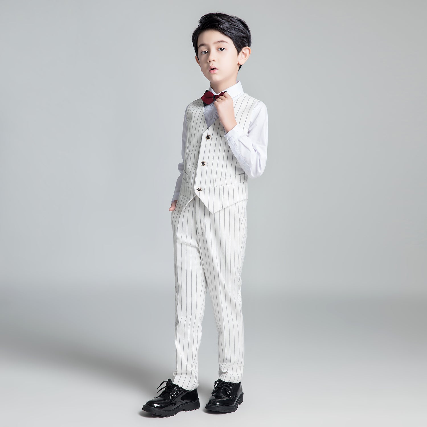 White Striped Modern 5 Piece Boy's Formal Suits