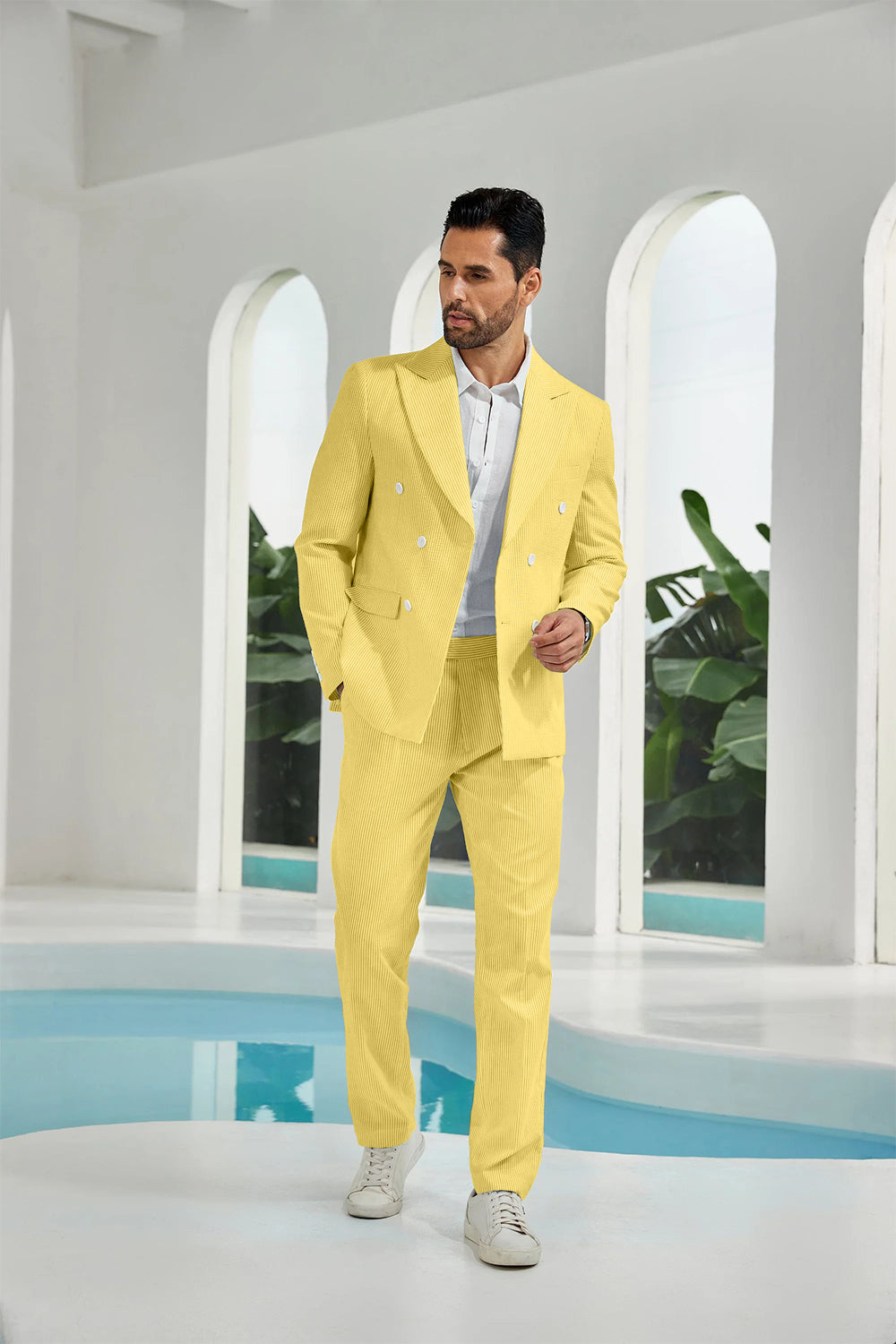 Seersucker Double Breasted Blazer Pants 2 Piece Men's Summer Suit