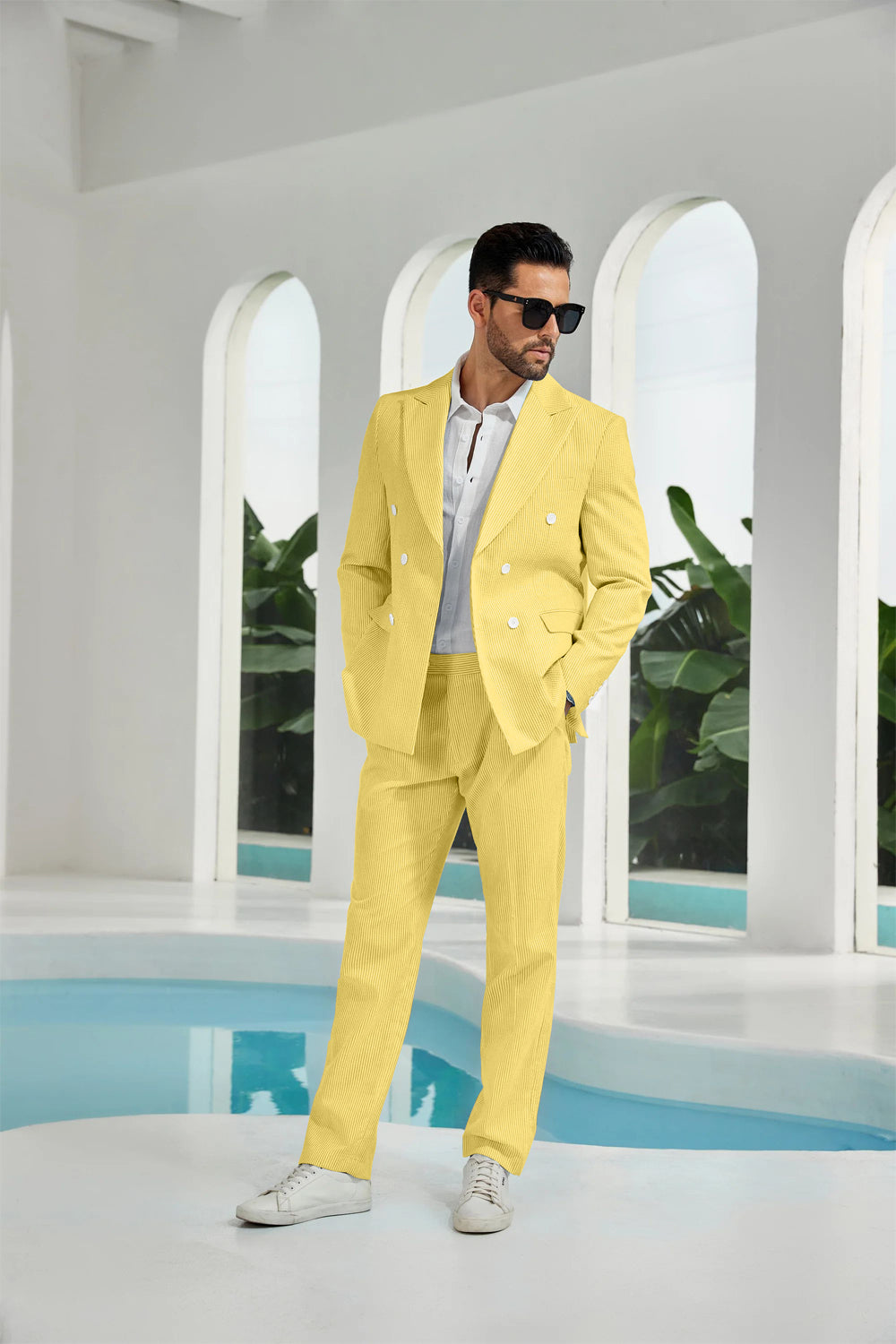 Seersucker Double Breasted Blazer Pants 2 Piece Men's Summer Suit