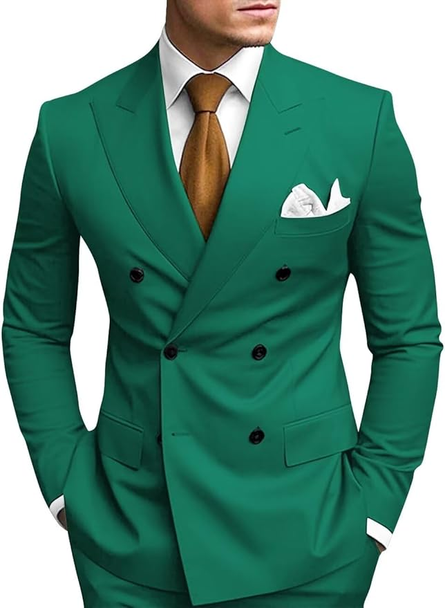 Double Breasted Peak Lapel 2 Piece Mens Slim Fit Suit