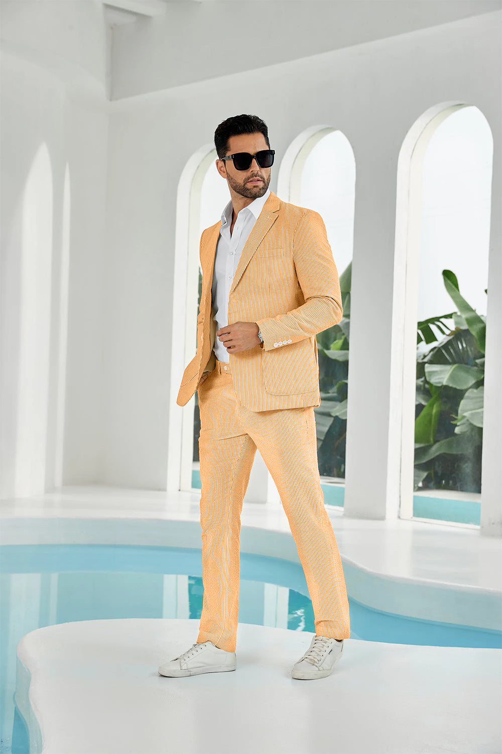 Seersucker Striped Blazer Pants 2 Piece Men's Summer Suit