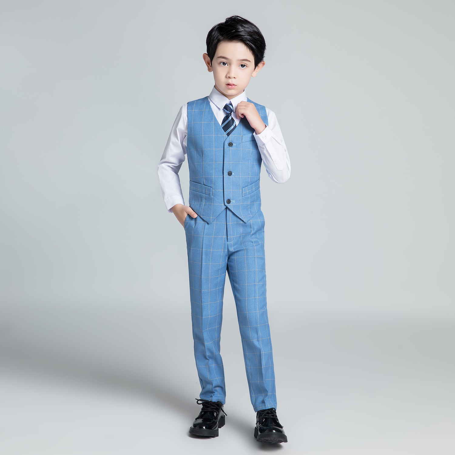 Light Blue Plaid Elegant Formal 5 Piece Boys Suits