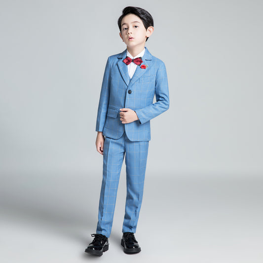 Light Blue Plaid Elegant Formal 5 Piece Boys Suits