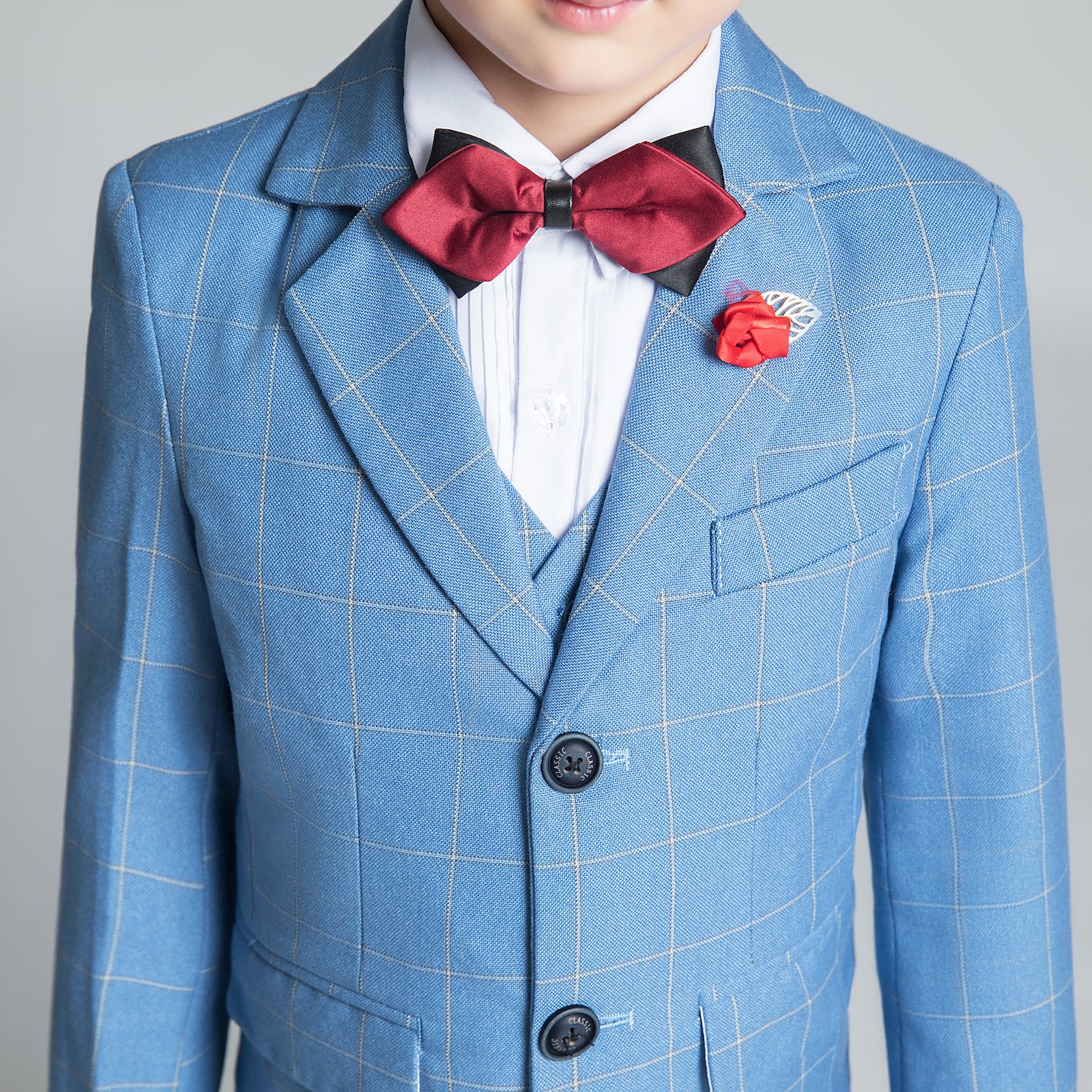 Light Blue Plaid Elegant Formal 5 Piece Boys Suits