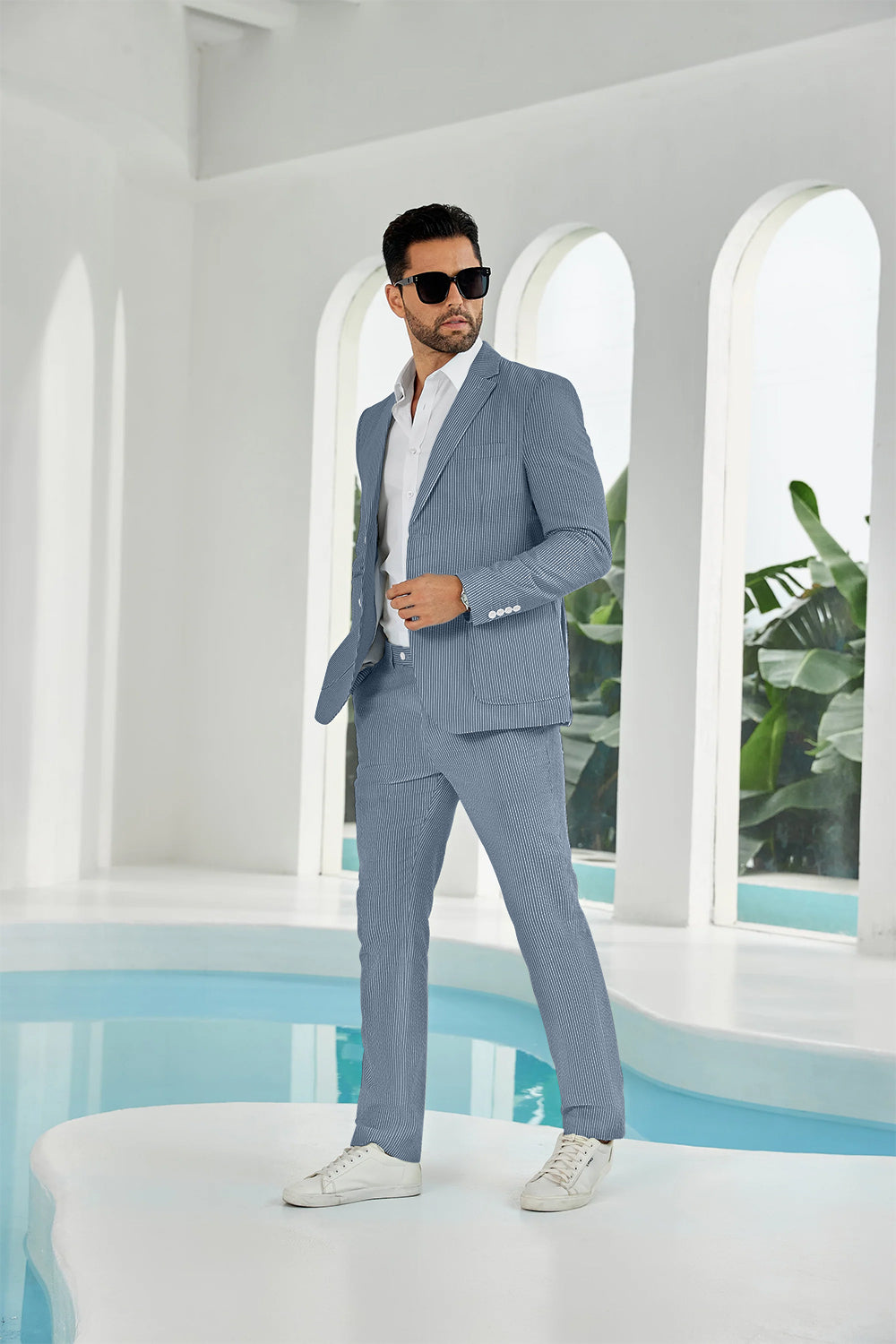 Seersucker Striped Blazer Pants 2 Piece Men's Summer Suit