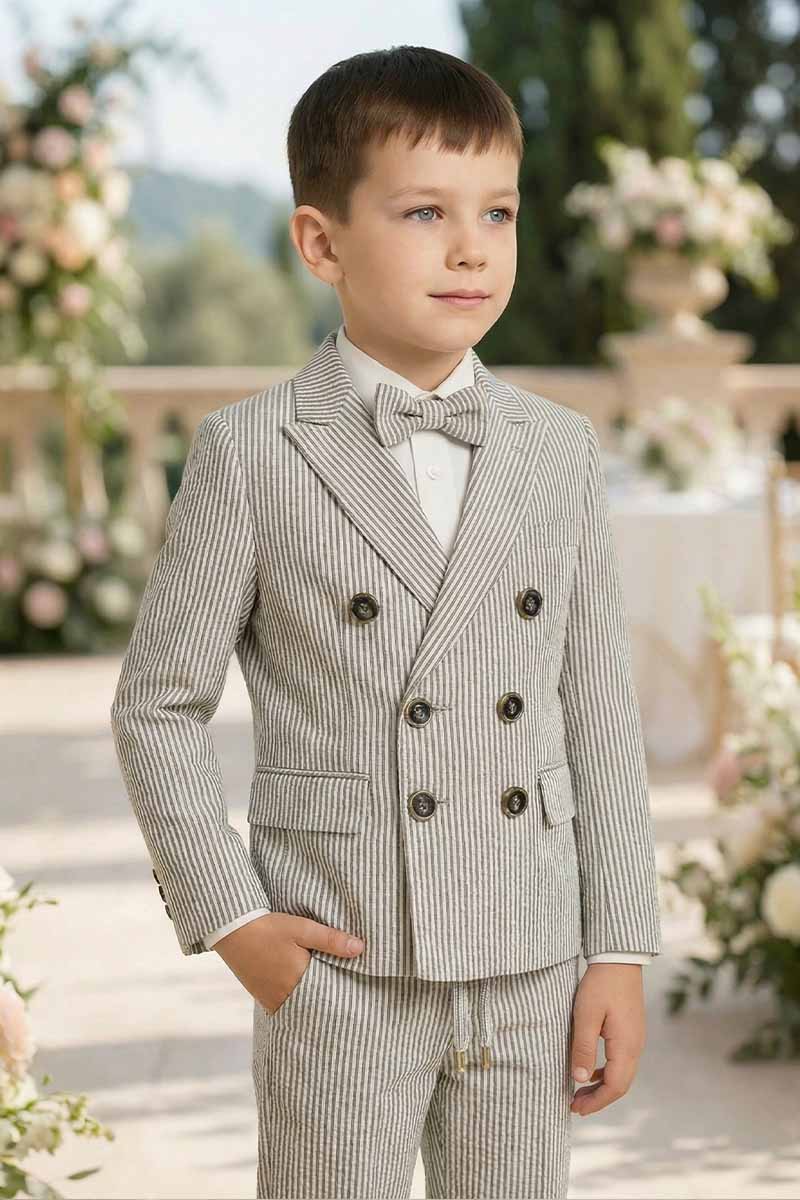 Boys Striped Formal 3-Piece Suit for Weddings with Double-Breasted Design