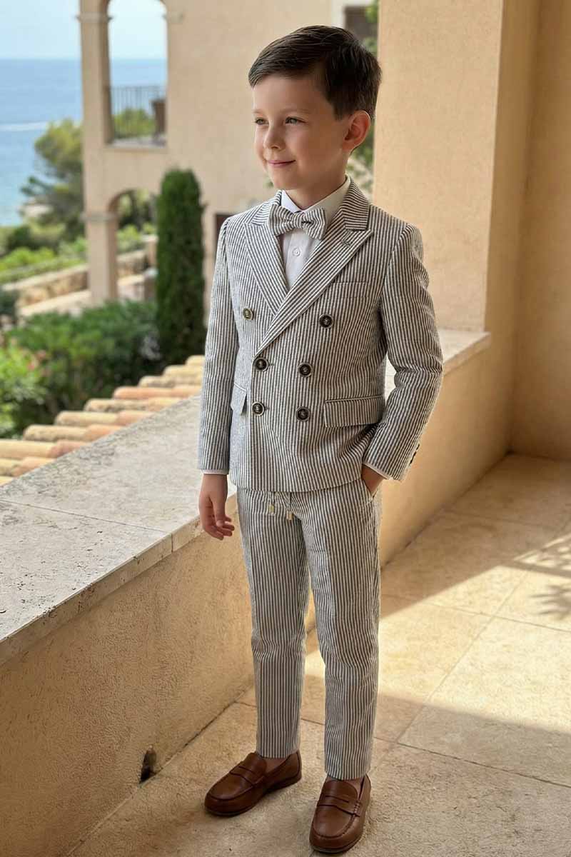 Boys Striped Formal 3-Piece Suit for Weddings with Double-Breasted Design