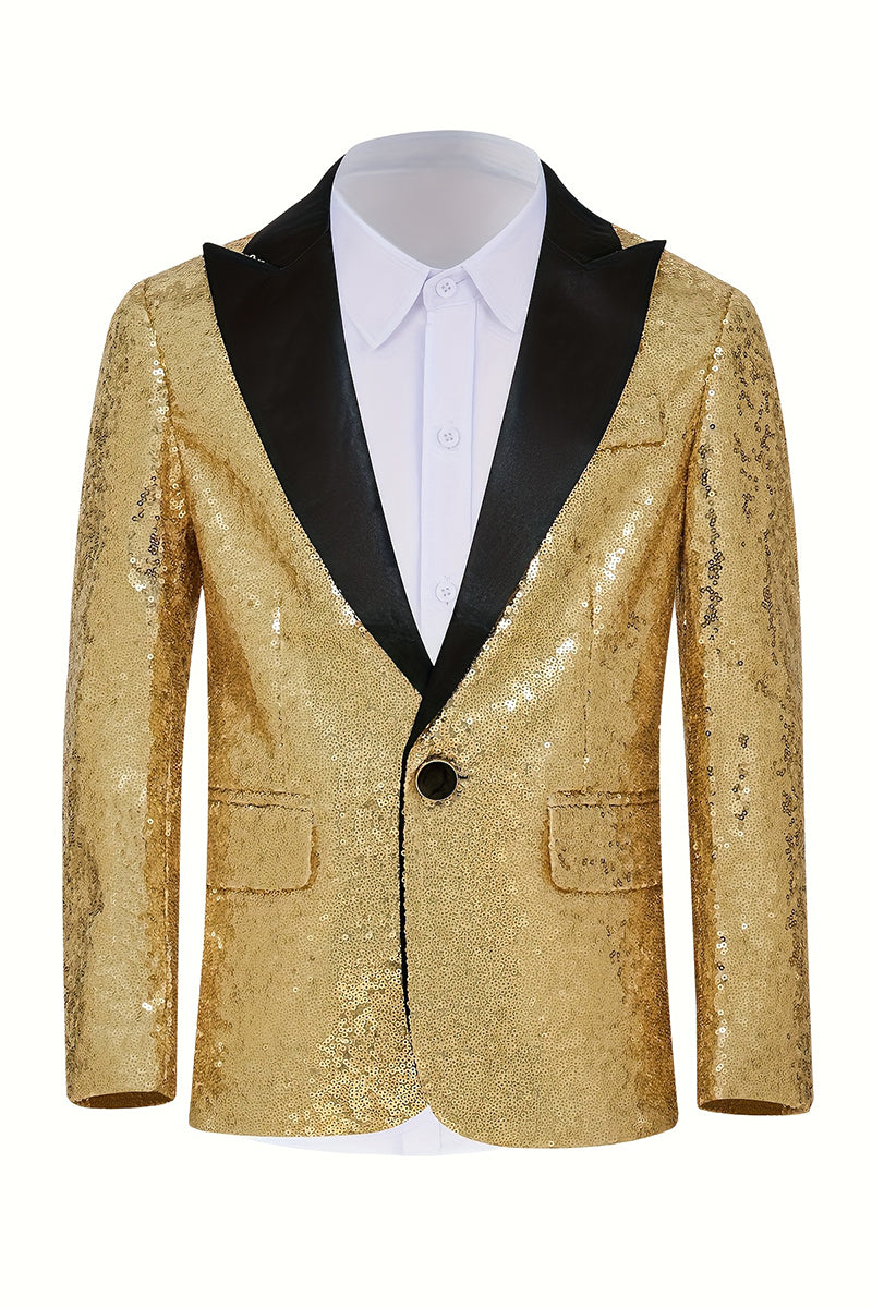 Boys Gold Sequin Shawl Collar Blazer for Gala Weddings