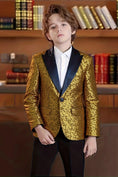 Load image into Gallery viewer, Boys Gold Sequin Shawl Collar Blazer for Gala Weddings
