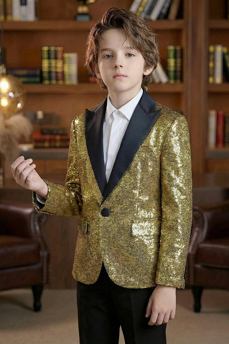 Boys Gold Sequin Shawl Collar Blazer for Gala Weddings