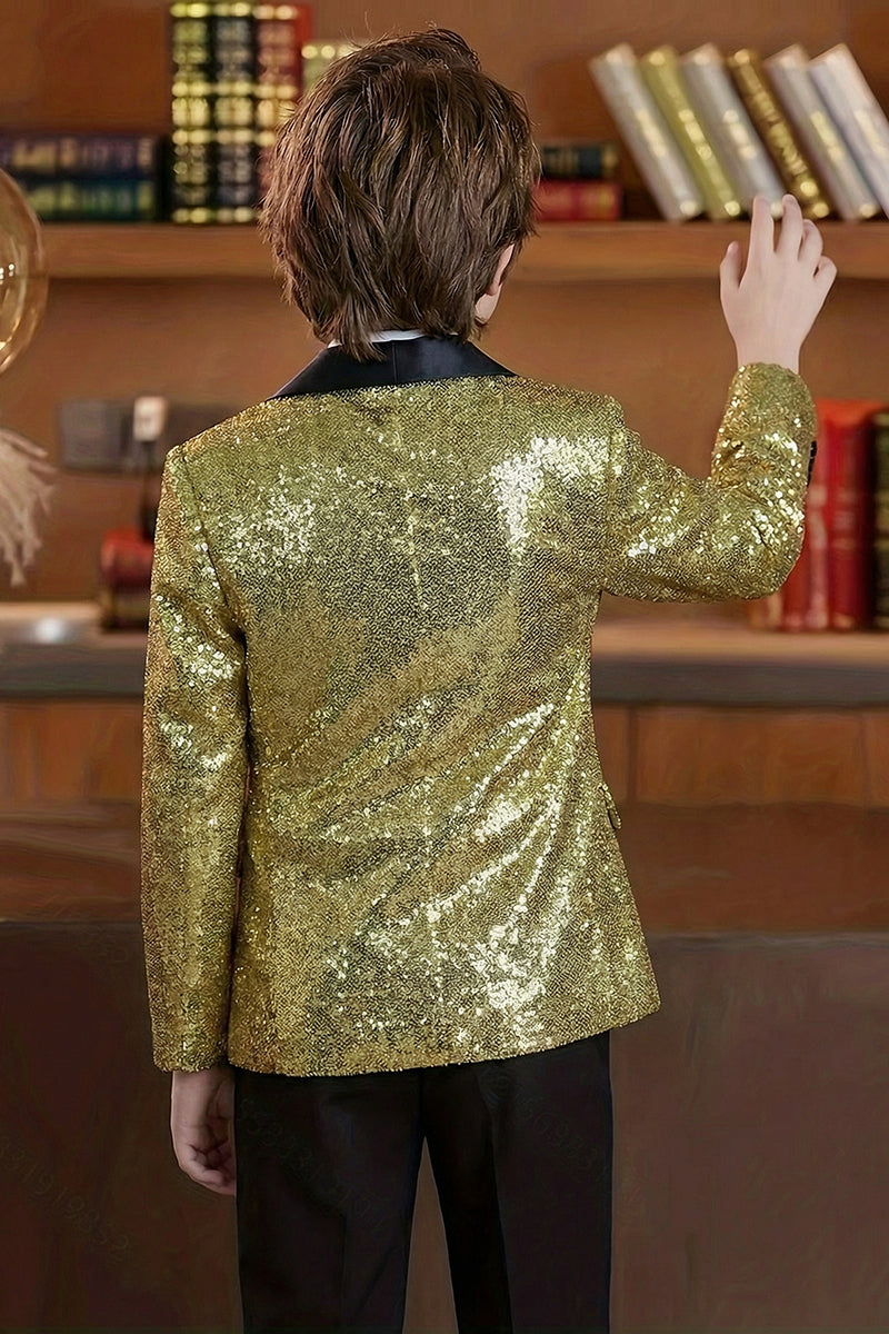 Boys Gold Sequin Shawl Collar Blazer for Gala Weddings