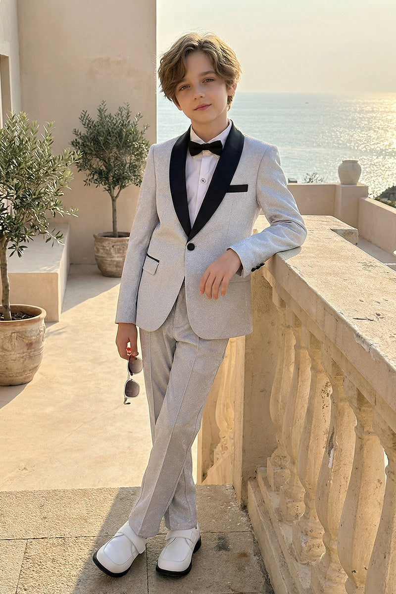 Boys Light Grey Shawl Collar 2-Piece Suit for Coastal Sunset Weddings