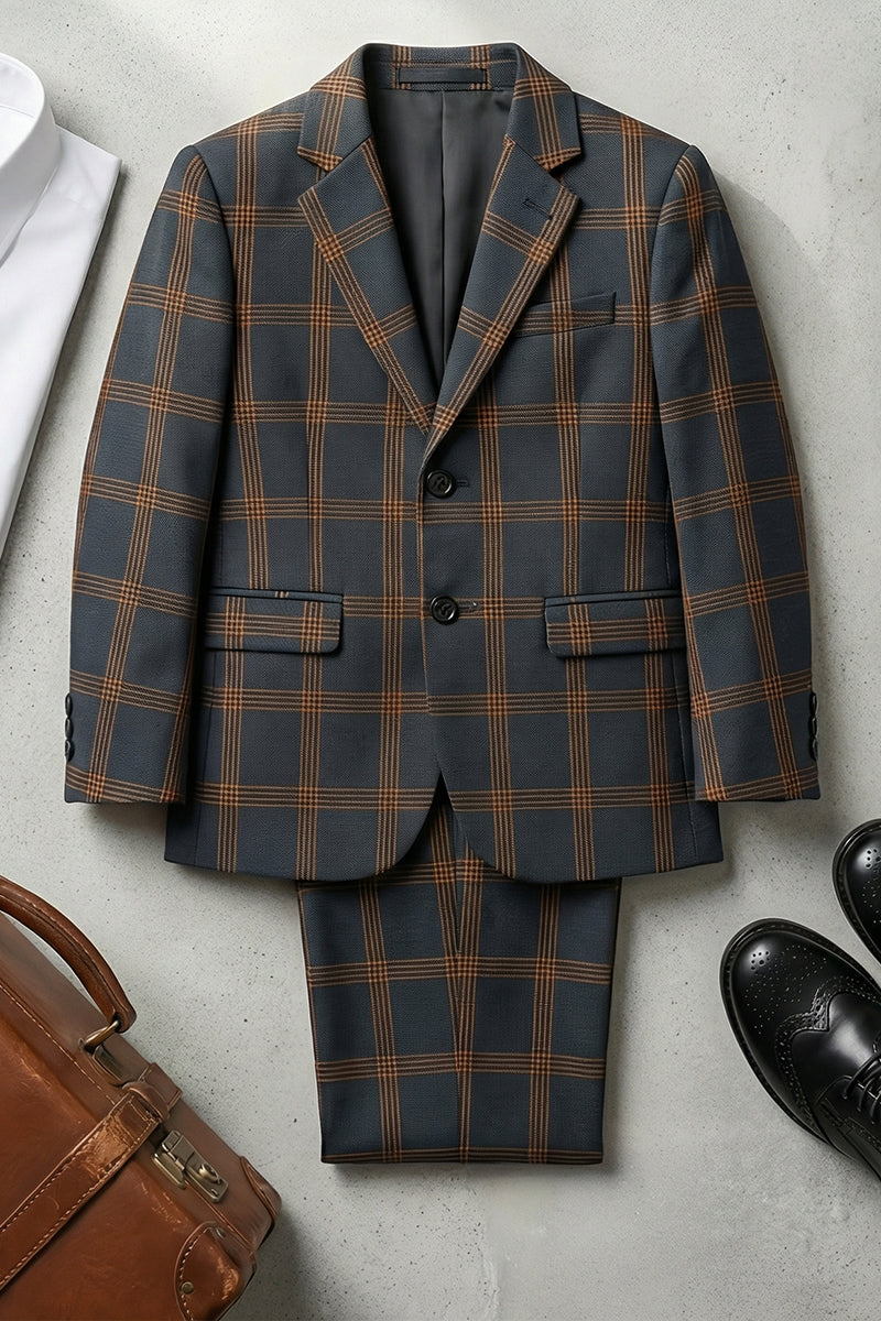 Boys Navy & Rust Windowpane 2-Piece Suit